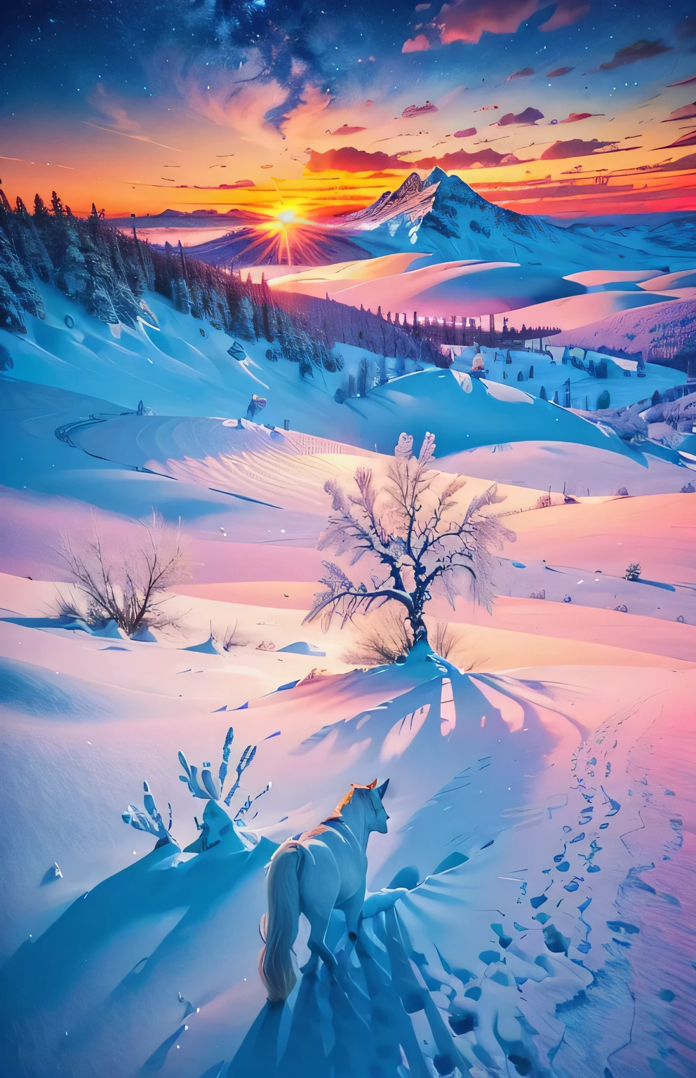 An absolutely mesmerizing backcountry sunset, com uma mistura de laranjas, Pink and yellow covering the sky. This scene is dynamic and breathtakingly beautiful.. Enjoy the pleasant atmosphere、Let tranquility take over you.A white horse stands、star、Cactus 、Texas、