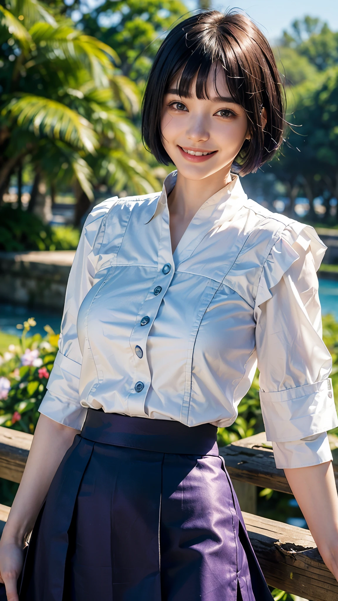 highest quality, masterpiece, Ultra-high resolution, (Realistic:1.4), (Portraiture) RAW Photos, 1 girl,22 years old((Detailed face)),(((座ったPortraiture)),((Random Background)),((Smiling with teeth showing)),((Big smile)),((White blouse)),((Black long skirt)),((Blue-purple short bob hair)),((Cap Chestnut)),((Short bangs)),Realistic,Image Media Chest)),