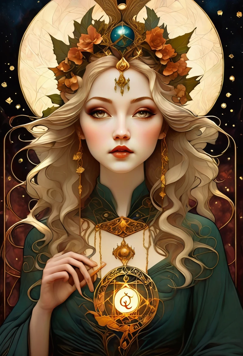 tarot card, chiaroscuro technique on sensual illustration of an queen of pentacle, vintage queen, earthy eerie, matte painting, by Hannah Dale, by Harumi Hironaka, extremely soft colors, hint of gold vibrant, highly detailed, digital artwork, high contrast, dramatic, refined, tonal, highest quality，anatomy correct，ultra-wide-angle，depth of fields. Holding the pentacles, earthy tone theme. Burnt sieana