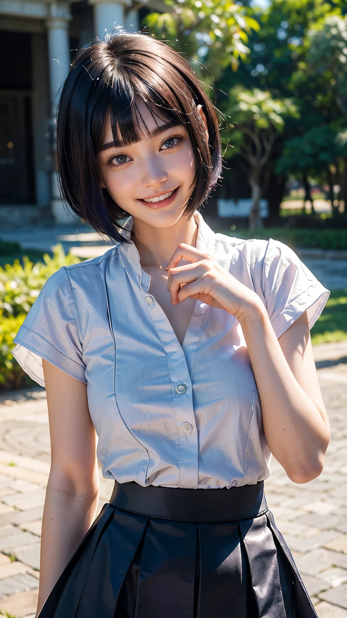 highest quality, masterpiece, Ultra-high resolution, (Realistic:1.4), (Portraiture) RAW Photos, 1 girl,22 years old((Detailed face)),(((座ったPortraiture)),((Random Background)),((Smiling with teeth showing)),((Big smile)),((White blouse)),((Black long skirt)),((Blue-purple short bob hair)),((Cap Chestnut)),((Short bangs)),Realistic,Image Media Chest)),