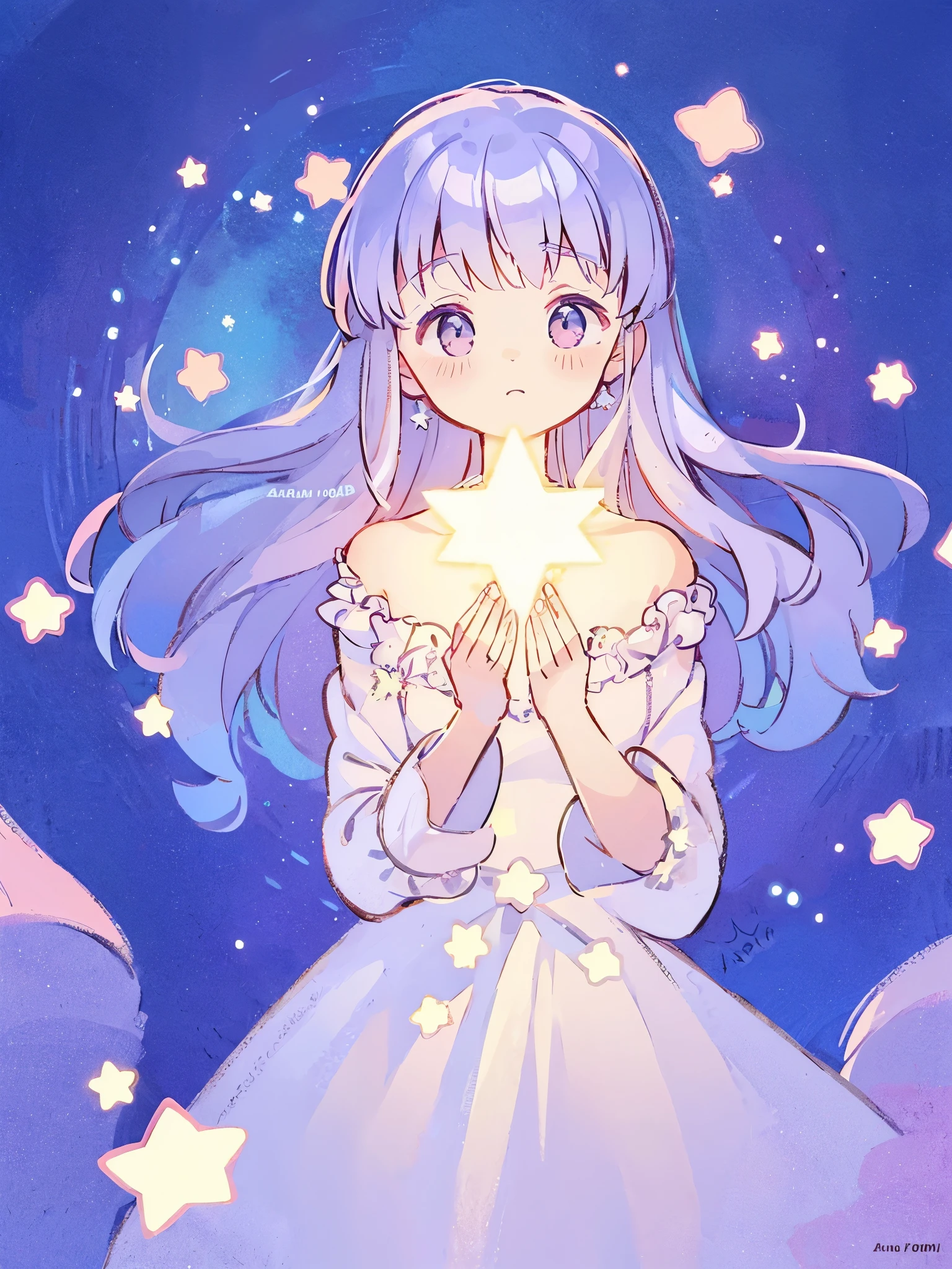 nude angel girl wearing an ethereal translucent dress, pale skin, ((wavy gradient blue purple hair)), white feathers, angel wings, sparkling detailed eyes, golden ratio face, perfect composition, highly detailed, ethereal, (starry night sky background), midjourney style