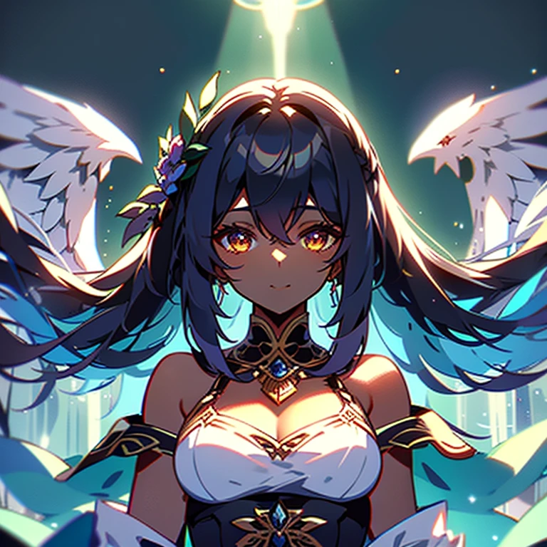 Muscle girl, dark-skinned woman, big chest, wings, happy, portrait, 1character, full body, medieval, village, farm, angel halo, forest, black hair, smile,