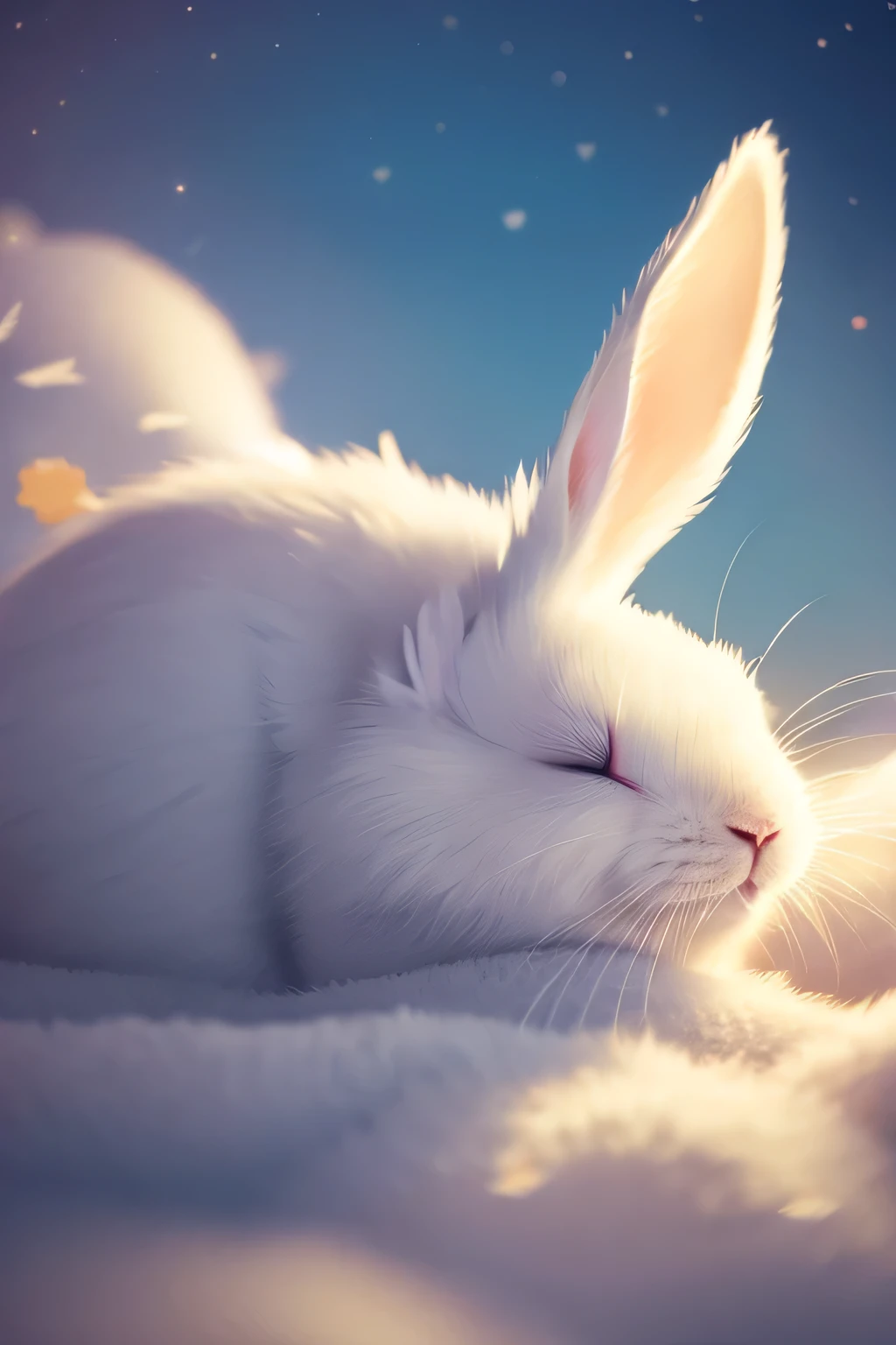 there is a white rabbit that is sleeping on a cloud, Sweet dreams, sleep with love, sleepy, Trending on cgstation, sleep, sleeping, dream-like night, dream-like, .. if only i could sleep, DreamWorks Animation Style, good night, Cold Night, Anime movies, Vojtek Fuss, Dreamtime, Anime movies, dream-like illustration, Cute 3D rendering