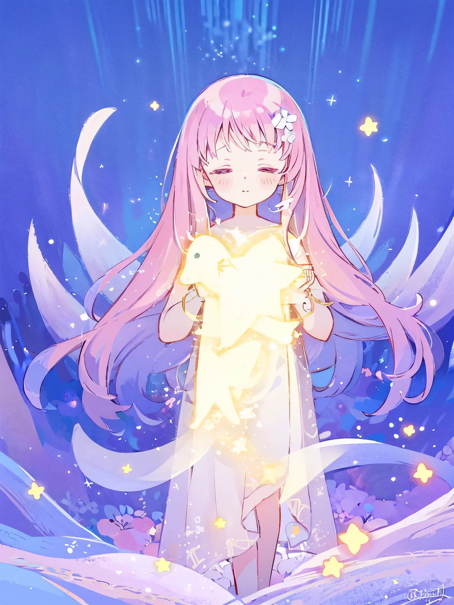 complex background, wishing star background, a woman wearing an ethereal mystical pink translucent dress that reflects the stars, perfume promo art, mystic, complex drawing, highly detailed, Covergirl brand, promo art, artistic rendition, ethereal, starry night, midjourney style