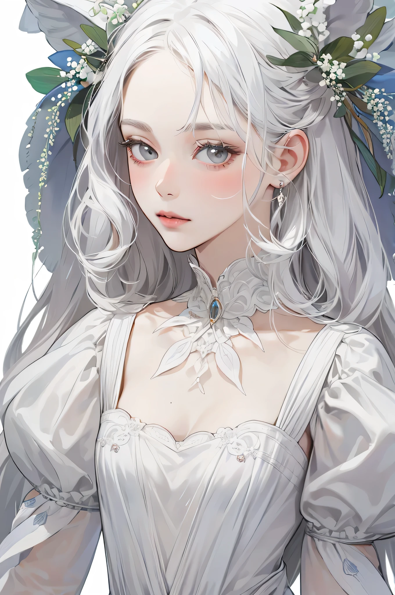 Empress, forest nymph, lily of the valley, ethereal forest girl, perfect anatomy, hanging jewels, pretty girl, amazing body, best proportions, european victorian style dress, greek style, ancient goddess, (((((((white background))))))), ((((closeup face)))), looking at viewer, grey eyes, white long hair, blush