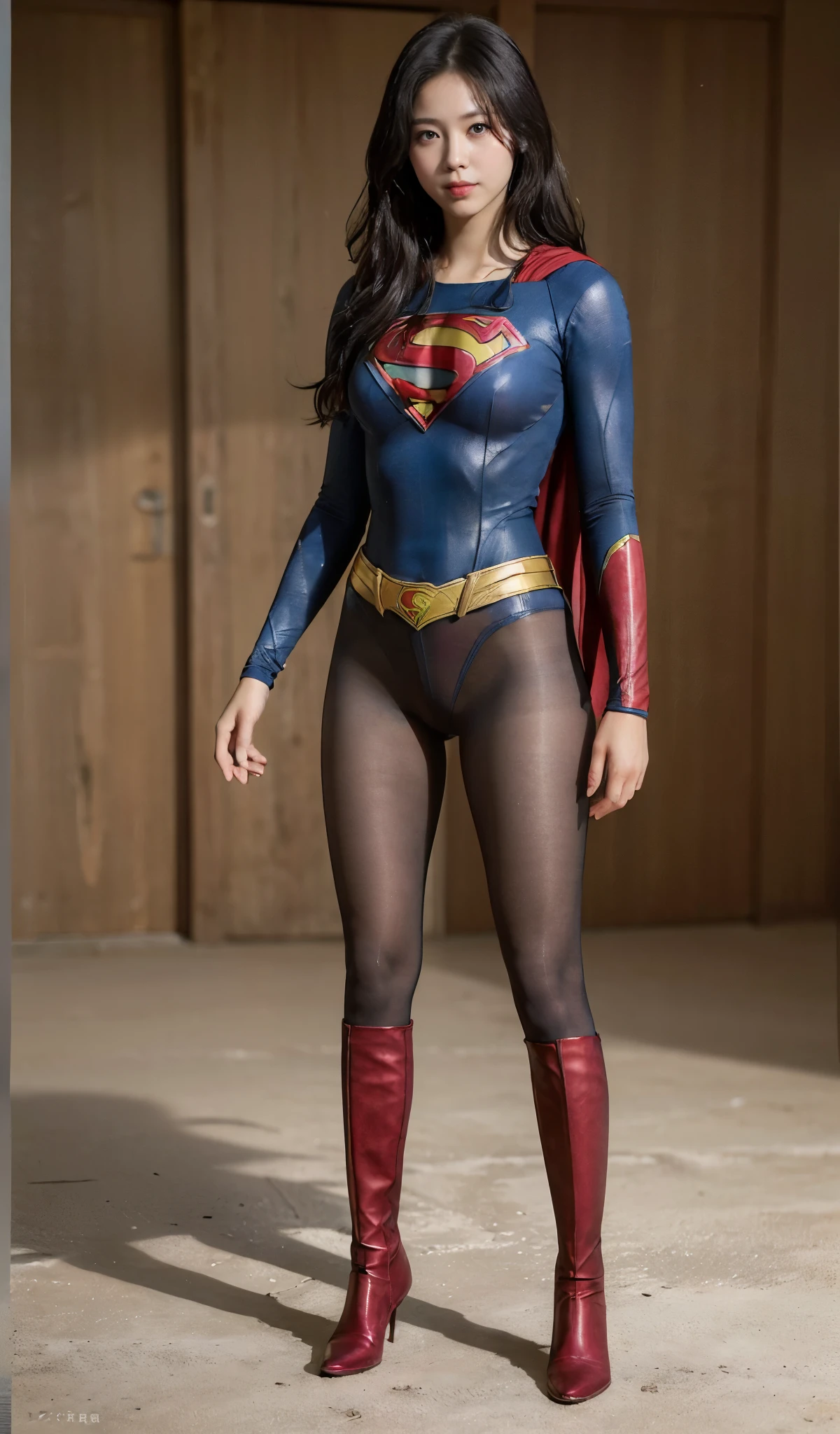 No background、(((Improve your style)))、(((Model Body Type)))、(((Beautiful legs in black tights.)))、(((Legally express the beauty of your smile)))、((((Make the most of your original images)))、(((Supergirl Costume)))、(((A form-fitting Supergirl costume)))、(((Beautiful Hair)))、(((suffering)))、(((Please wear black tights....、Wear red boots)))、((Best image quality、8k))、((highest quality、8k、masterpiece:1.3))、(((Preserve background )))、Sharp focus:1.2、Beautiful woman with perfect figure:1.4、Slim Abs:1.2、Wet body:1.5、Highly detailed face and skin texture、8k