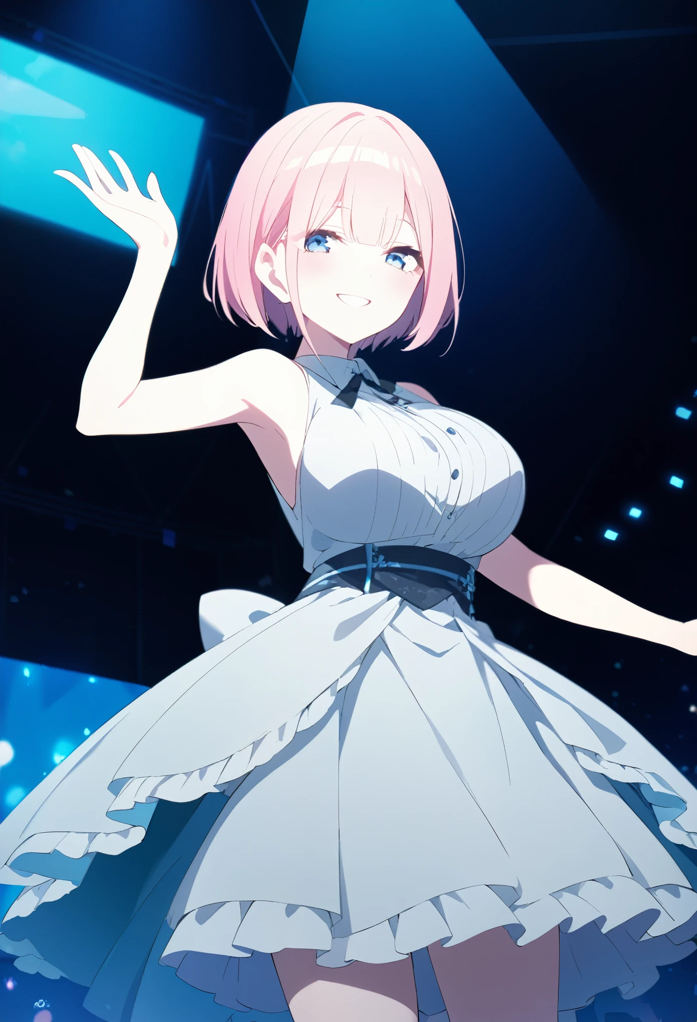 ichika nakano, extra short hair, bangs, blue eyes, hair between eyes, pink hair,　,　live stage, Big Breasts Formal Dress Smile solo