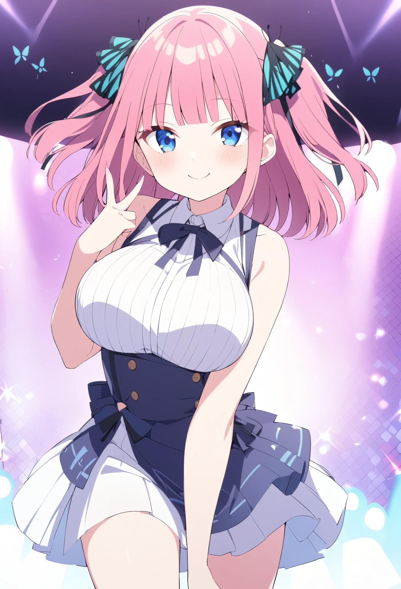 nino nakano, short hair, bangs, blue eyes, hair ornament, hair ribbon, pink hair, blunt bangs, two side up, butterfly hair ornament, 　l,　live stage, Big Breasts Formal Dress Smile Solo