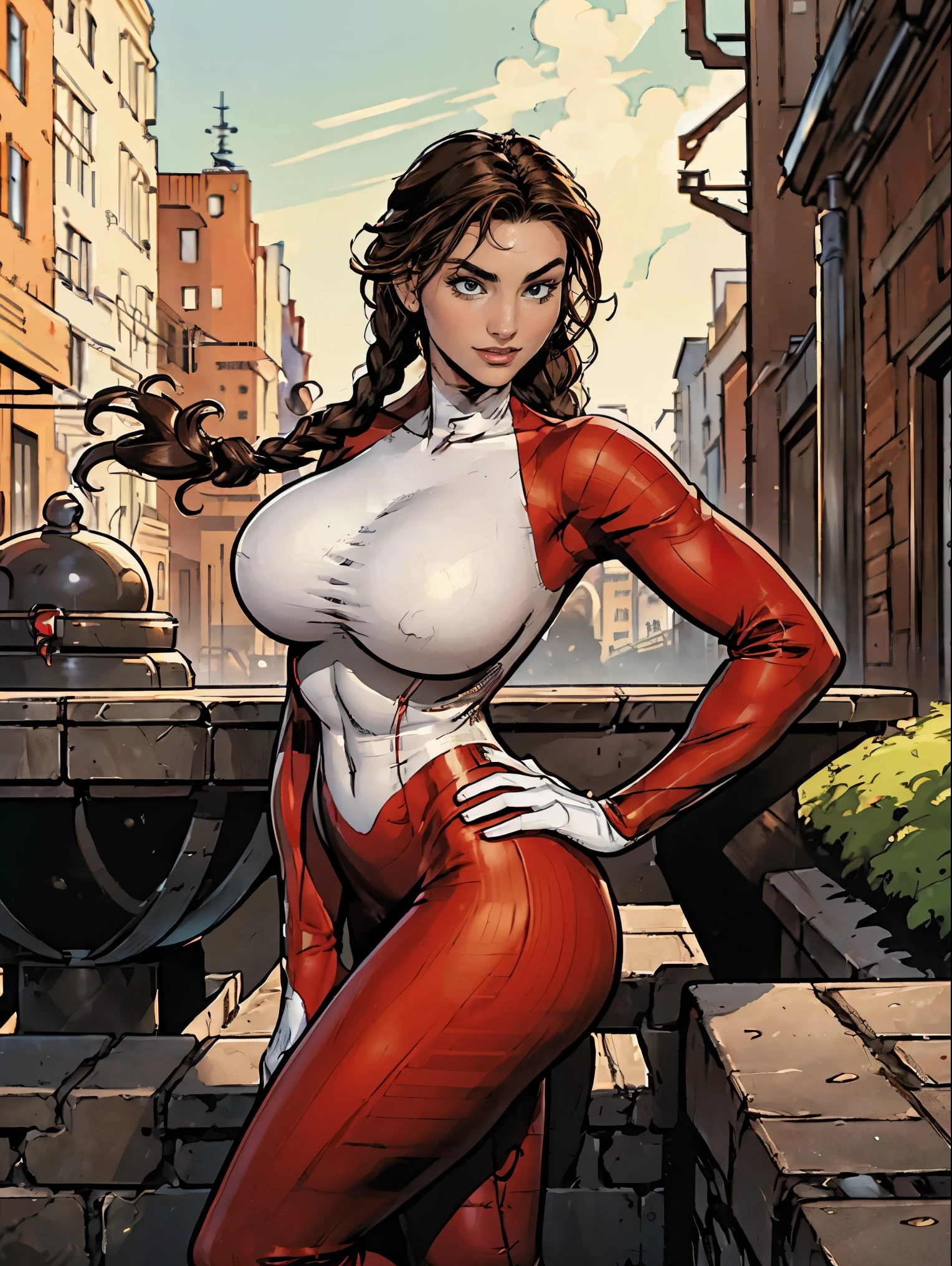 (masterpiece, top quality, best quality, official art, beautiful and aesthetic:1.2), (1girl:1.3), brown hair, braid, extremely detailed, portrait, looking at viewer, solo, (full body:0.6), detailed background, close up, mischievous eyes, (warm city superhero theme:1.1), pleasant smile, brunette, aquiline nose, green eyes, braid, ((gigantic breasts)), (thin), athletic, superhero. Wearing a sleek, satin (high-neck) (sleek white and red striped bodysuit), ((red sleeve stripes, red leg stripes)), (white sides, red center), modest, fully-covered, long red gloves, long red boots, slim waist, slim hips, long legs, modern (city street exterior:1.1) detailed background, bright optimistic lighting, shadows, magical atmosphere, dutch angle