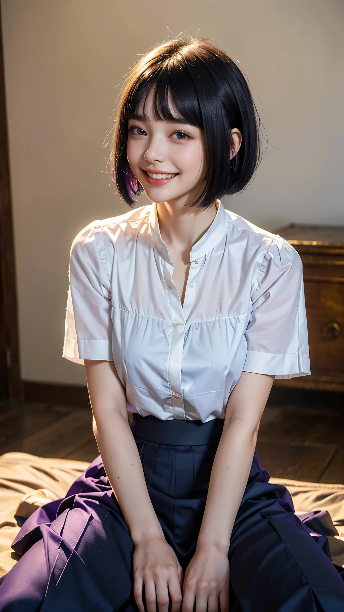 highest quality, masterpiece, Ultra-high resolution, (Realistic:1.4), (Portraiture) RAW Photos, 1 girl,22 years old((Detailed face)),(((座ったPortraiture)),((Random Background)),((Smiling with teeth showing)),((Big smile)),((White blouse)),((Black long skirt)),((Blue-purple short bob hair)),((Cap Chestnut)),((Short bangs)),Realistic,Image Media Chest)),