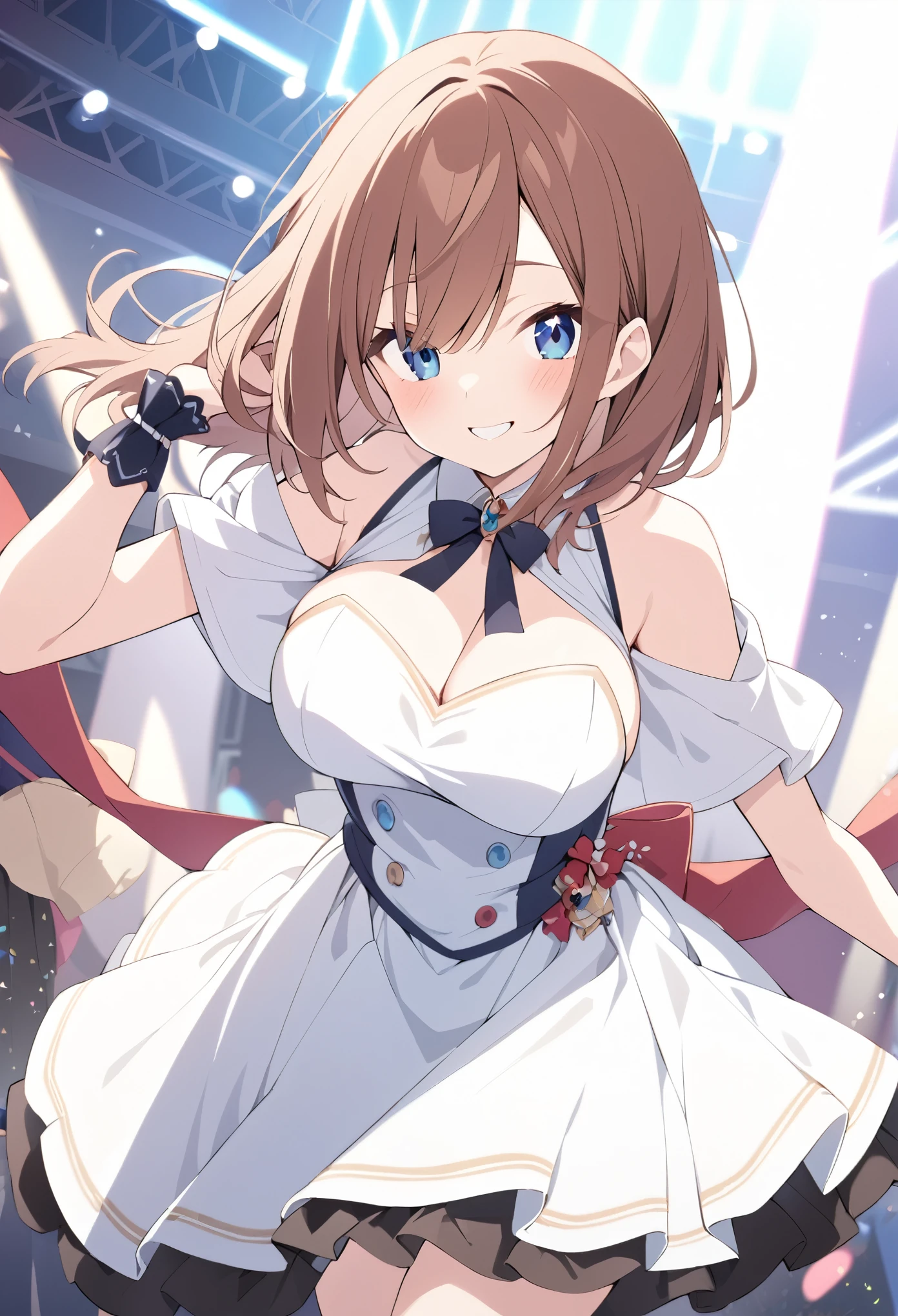 nakano miku, blue eyes, brown hair, Medium hair, bangs, hair between eyes, 　live stage, large Breasts,  Formal dress smile