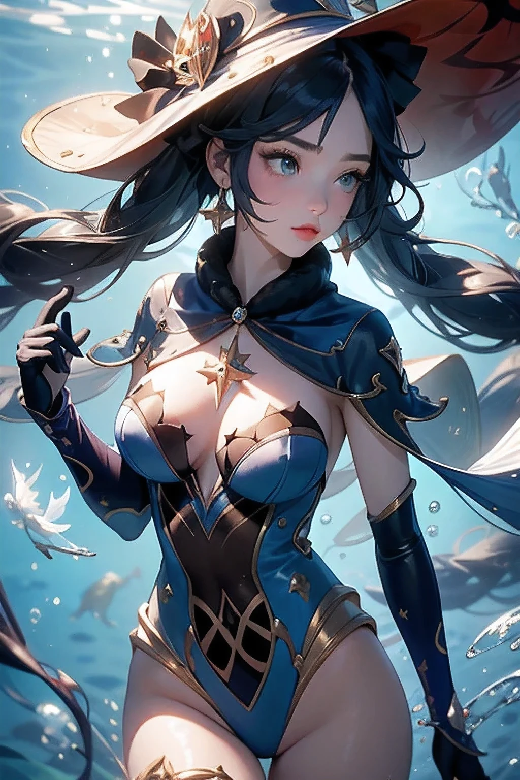 Underwater world:1.6((monadef)):1.5,((masterpiece,highest quality,Highly detailed images,Beautiful images))1.4(mona images,Fantastic background、Sexy pose、Overall low illumination、Backlight、A fantastic atmosphere、Dust flutters)1.3,(Close-up image of Mona)1.1、(Ample breasts、Great cleavage):1.2(smirk)1.1