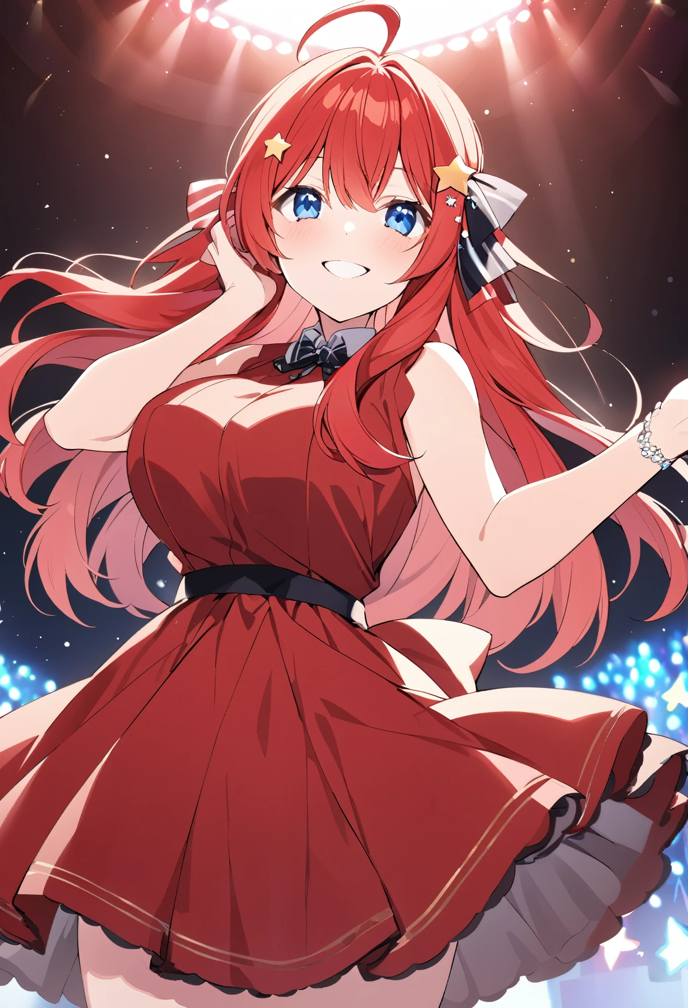 itsuki nakano, bangs, blue eyes, hair between eyes, ahoge, red hair, star \(symbol\), hair ornament, star hair ornament, mature female,　live stage, large breasts formal dress smile