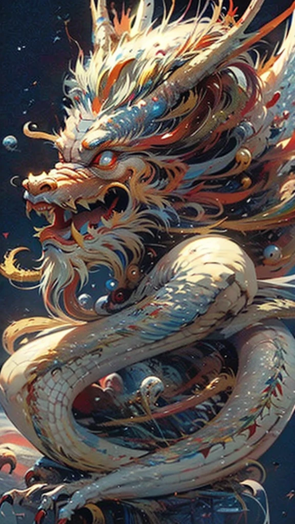highest quality、masterpiece、超A high resolution、Space、Red eyes、blue Dragon、Open your mouth、Red Beard、fly above the earth