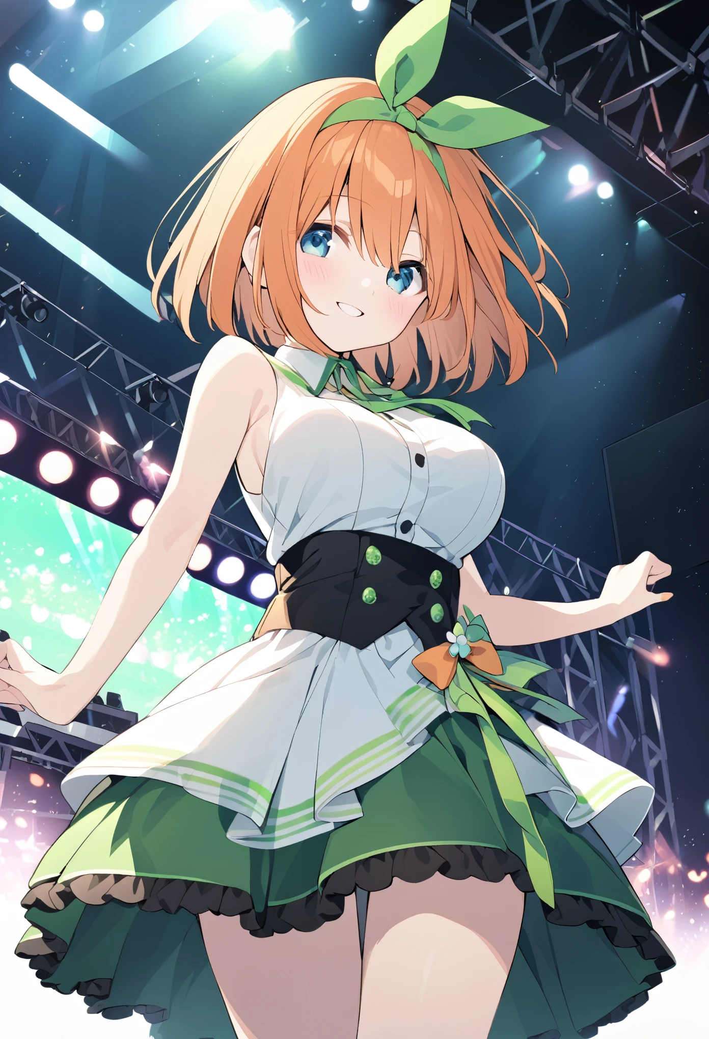 yotsuba nakano, bangs, short hair, blue eyes, hair between eyes, hair ribbon, hairband, orange hair, (green ribbon:1.5), 　,　live stage, large Breasts,  Formal dress smile