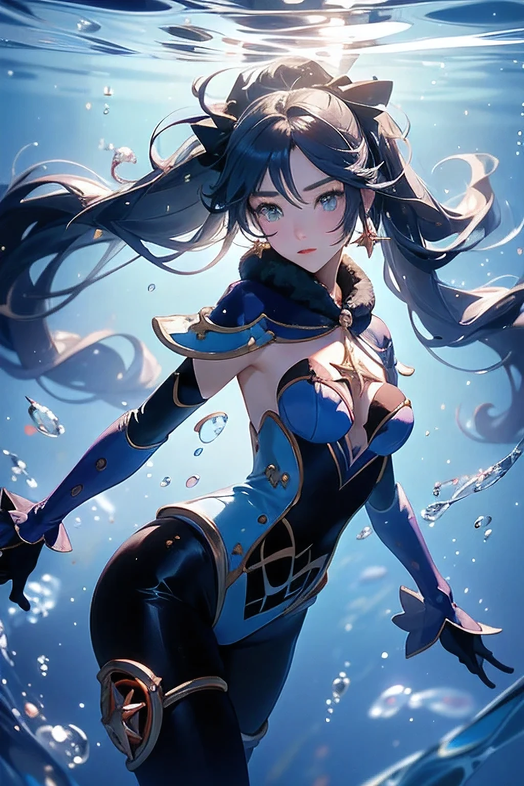 Underwater world:1.6((monadef)):1.5,((masterpiece,highest quality,Highly detailed images,Beautiful images))1.4(mona images,Fantastic background、Sexy pose、Overall low illumination、Backlight、A fantastic atmosphere、Dust flutters)1.3,(Mona's full body image)1.1、(Ample breasts、Great cleavage):1.2(smirk)1.1
