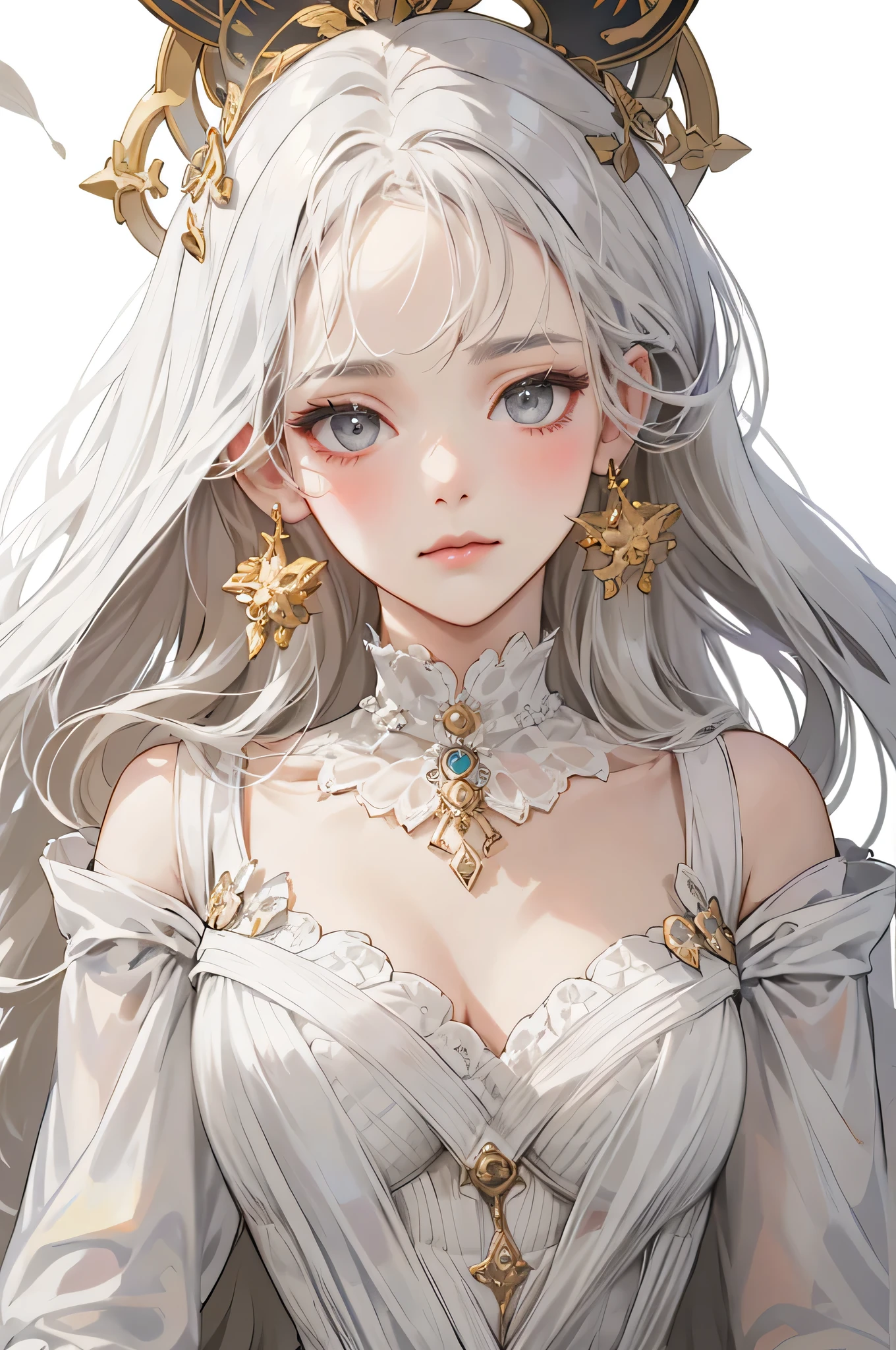 Empress, forest nymph, lily of the valley, ethereal forest girl, perfect anatomy, hanging jewels, pretty girl, amazing body, best proportions, european victorian queen dress, ancient goddess, (((((((white background))))))), ((((closeup face)))), looking at viewer, grey eyes, white long hair, blush, closed mouth, with golden dress