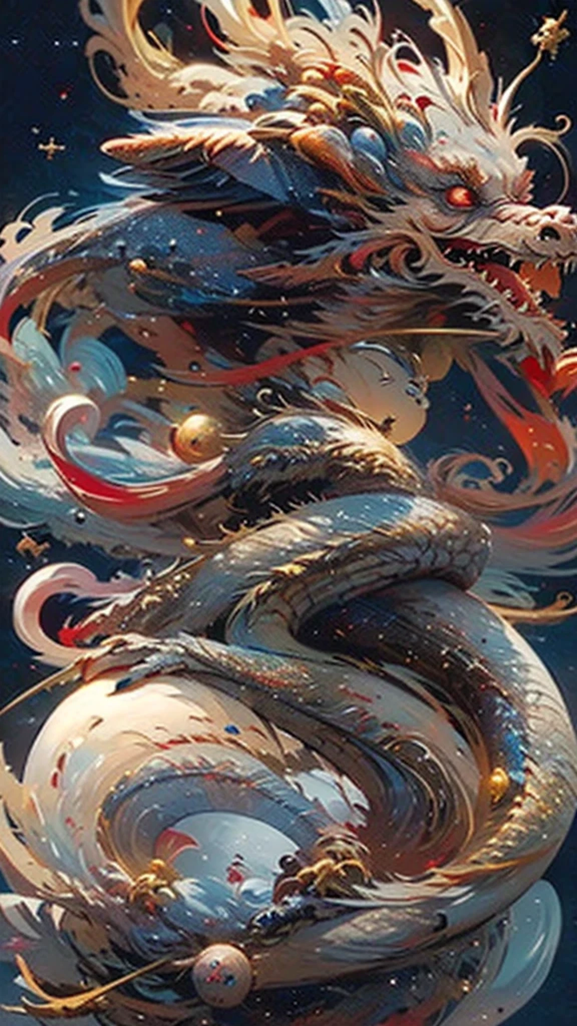 highest quality、masterpiece、超A high resolution、Space、Red eyes、blue Dragon、Open your mouth、Red Beard、fly above the earth