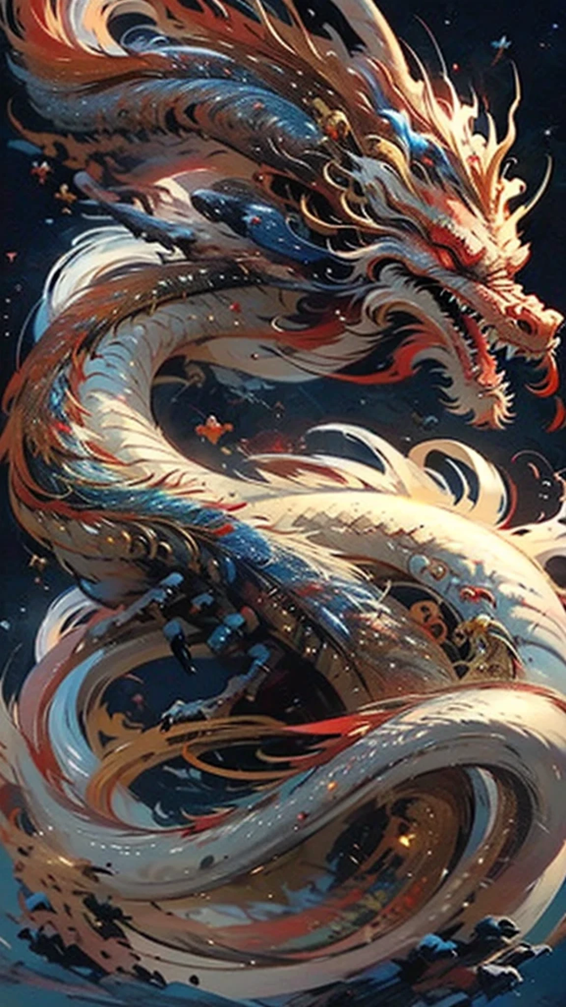 highest quality、masterpiece、超A high resolution、Space、Red eyes、blue Dragon、Open your mouth、Red Beard、fly above the earth