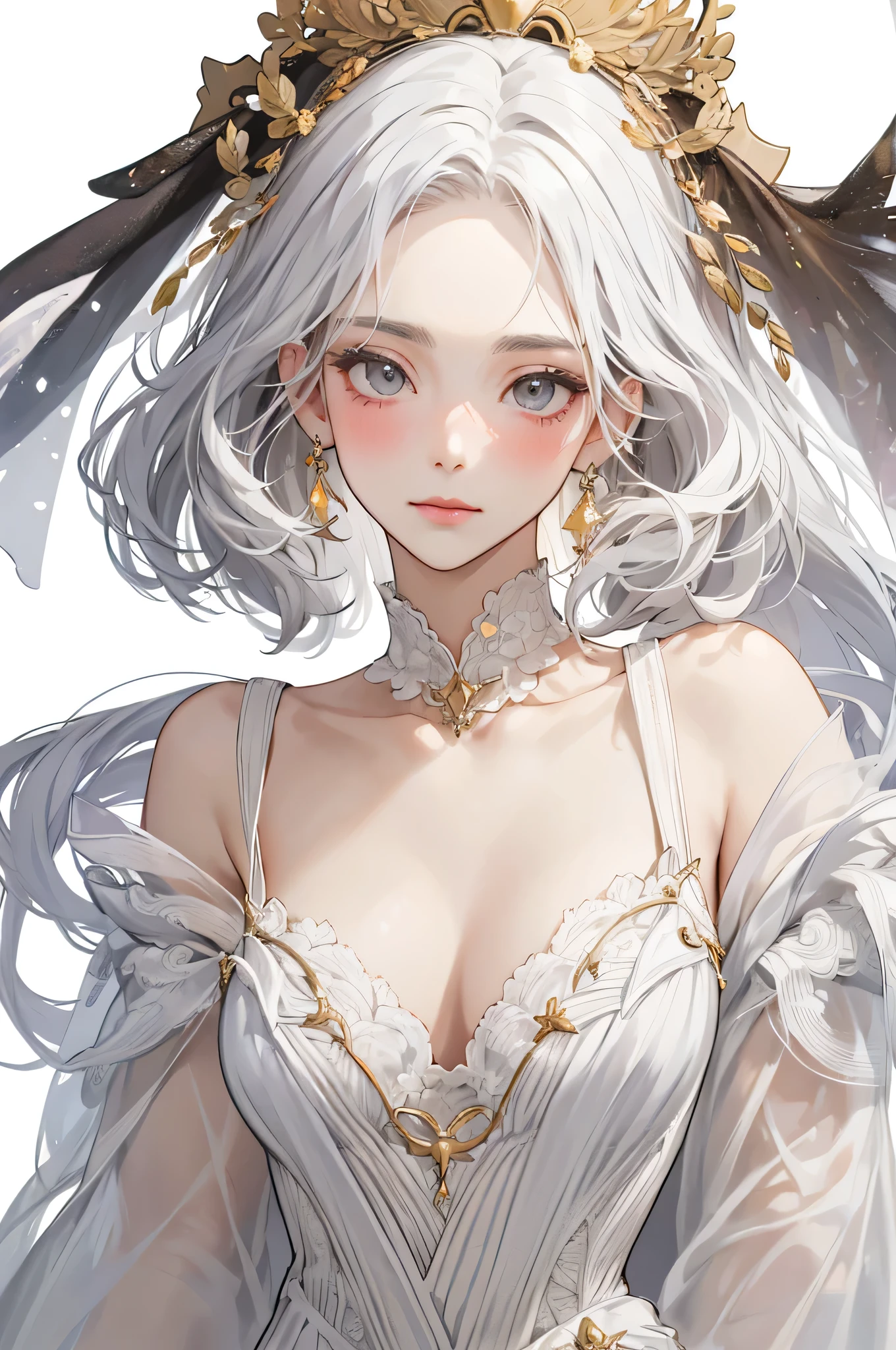 Empress, forest nymph, lily of the valley, ethereal forest girl, perfect anatomy, hanging jewels, pretty girl, amazing body, best proportions, european victorian queen dress, ancient goddess, (((((((white background))))))), ((((closeup face)))), looking at viewer, grey eyes, white long hair, blush, closed mouth, with golden dress