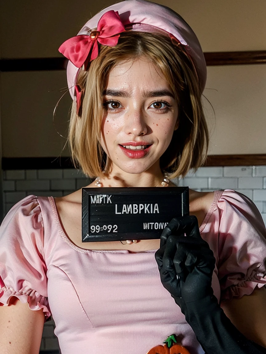 (1 lady), The beautiful, (Best quality at best:1.4), (ultra - detailed), (extremely detailed CG unified 16k), gold blonde hair, very detailed, High-definition RAW color photo, professional photoshooting, amazing face and eyes, cosmetics, (amazingly beautiful girl), ((lambdadelta, tall woman, taller)), ((dress, red bow, pink hat, necklace, gloves, pearl, pumpkin brooch, pink dress)), standing, sexyposture,(look from down), realistic cinematic face, photorealistic, ((realistic natural blonde hair style, honey eyes)), gorgeous, extremely beautiful face, perfect model beauty, mad laughter, cleavages, city girl, (masterpiece), best quality, high resolution, extremely detailed, blurred background, depth of field, cinematic lighting, clear and well-cared skin, write "LAMBDADELTA" on the nameplate
