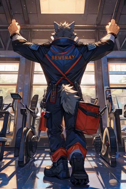 big furry wolf in gym