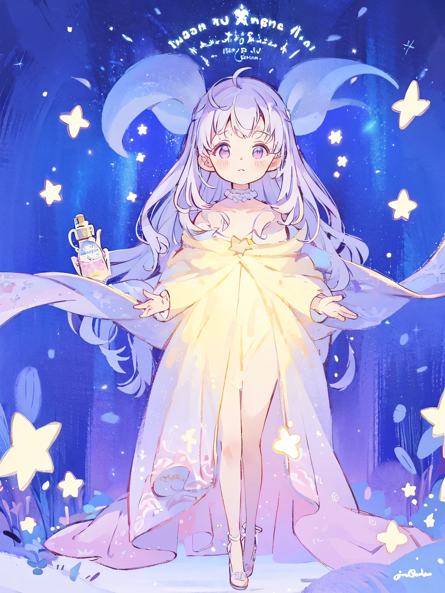 complex background, wishing star background, a woman wearing an ethereal mystical pink translucent dress that reflects the stars, perfume promo art, mystic, complex drawing, highly detailed, Covergirl brand, promo art, artistic rendition, ethereal, starry night, midjourney style