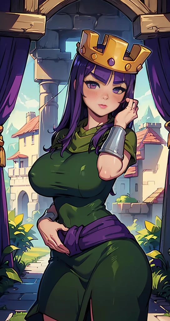 ((8k,  best quality, beautiful girl) , 1 girl ( Archer Queen - (Clash of Clans),purple hair,30s,big-huge breasts, beautiful girl),  ,2 hands perfect , blush ,back view 