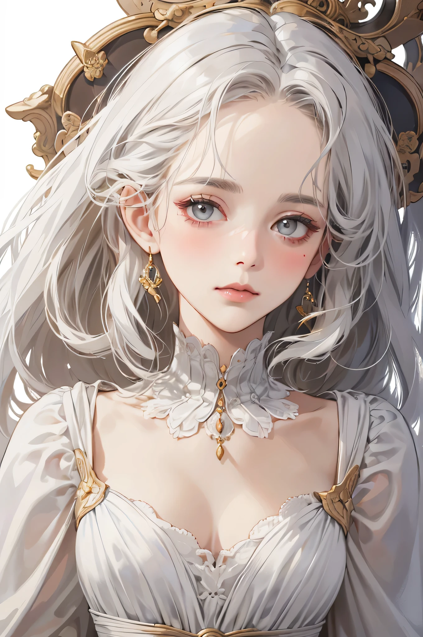 Empress, forest nymph, ethereal forest girl, perfect anatomy, hanging jewels, pretty girl, amazing body, best proportions, european victorian vintage queen dress, ancient goddess, (((((((white background))))))), ((((closeup face)))), looking at viewer, grey eyes, white long hair, blush, closed mouth, with golden dress