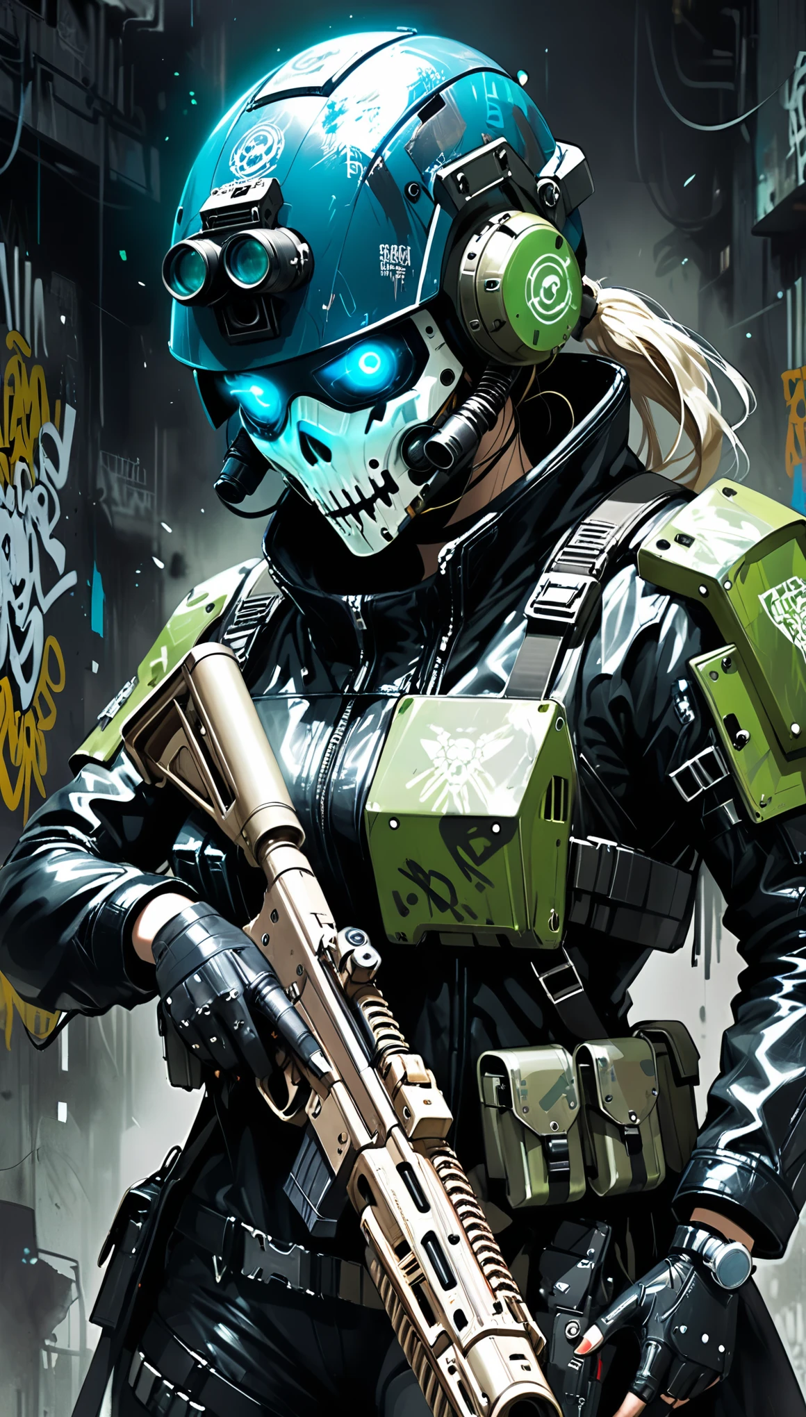 in style of Ashley Wood,Cyberpunk style,1girl,Character Design and Doomsday,Details,glowing steelblue eyes,detailsTextured Skin,Night vision devices,Black leather coat,Death Mask,Graffiti Helmet,Holding a gun,aim动作,(aim:1.2),Modified firearms,Modify heavy firearms