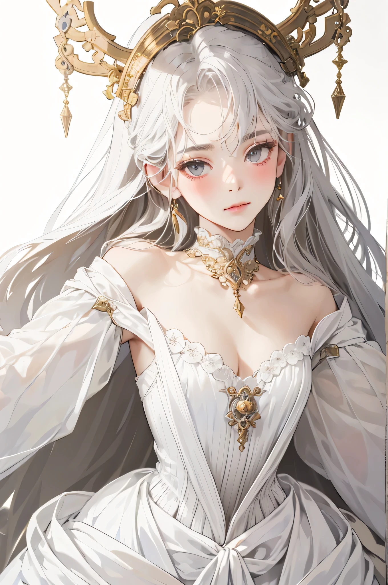 Empress, forest nymph, ethereal forest girl, perfect anatomy, hanging jewels, pretty girl, amazing body, best proportions, european victorian vintage queen dress, ancient goddess, (((((((white background))))))), ((((closeup face)))), looking at viewer, grey eyes, white long hair, blush, closed mouth, with golden dress