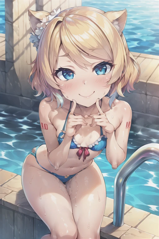 (((masterpiece))), ((highest quality)), ((Very detailed)), ((High resolution)), ((8k)), ((Anatomically correct)), ((The correct number of fingers)), One Woman, Kagamine Rin, Vocaloid, Blonde Hair, short hair, Short, Very cute woman, delicate, Charming smile, Blue eyes, Bright Eyes, Best moment, Vivid eyes, Beautiful Skin, Cute face, delicateな腕, Detailed skin texture, Intricate details, Very detailedな顔, Beautiful Eyes, Beautiful curves, View your viewers, Beautiful thighs, Ruffled bikini, Pool, Sweat, Looking up,