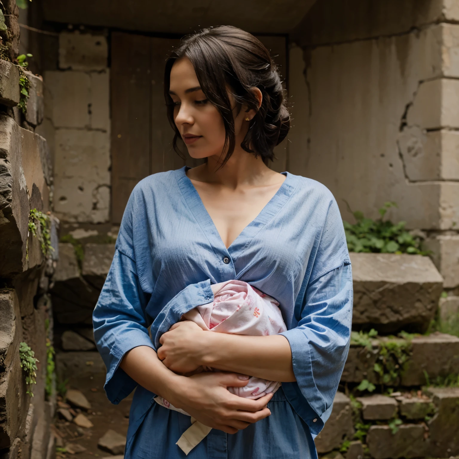 A pregnant woman in a Spanish village, detailed eyes, beautiful detailed lips, extremely detailed eyes and face, long eyelashes, 2 other pregnant women, an angry old woman casting a curse, detailed traditional Spanish architecture, cobblestone streets, hanging flower baskets, blue sky, warm lighting, (best quality, 4k, 8k, highres, masterpiece:1.2), ultra-detailed, (realistic, photorealistic, photo-realistic:1.37), cinematic, dramatic lighting, chiaroscuro, vibrant colors, spanish colonial style