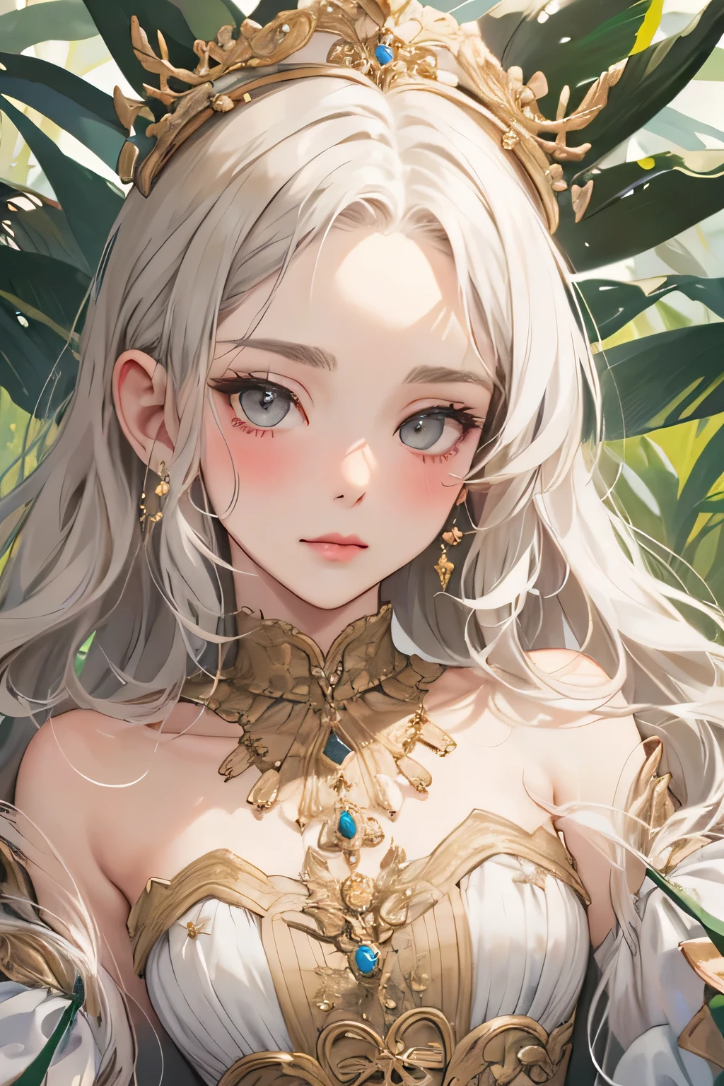 Empress, forest nymph, ethereal forest girl, perfect anatomy, hanging jewels, pretty girl, amazing body, best proportions, victorian queen dress, ancient goddess ((((closeup face)))), looking at viewer, grey eyes, white long hair, blush, closed mouth, with golden dress