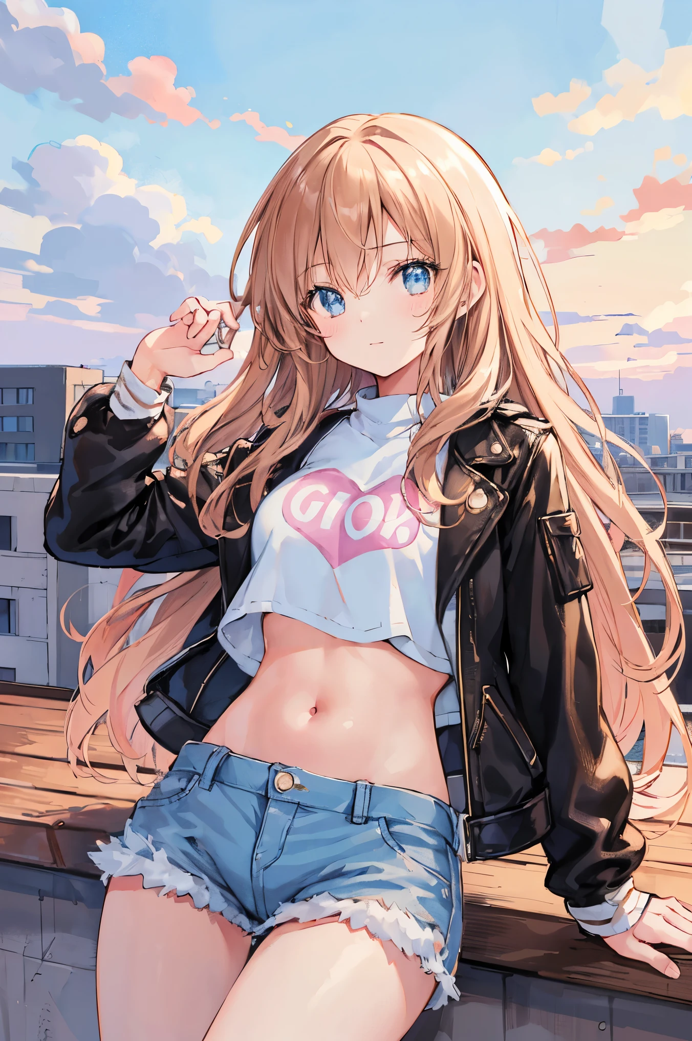 Beautiful illustration, best quality, cute girl, on a rooftop, clouds in the sky, pastel color, natural tones, brown long hair, black leather jacket, white crop top, denim shorts, happy, bright lighting, big eyes