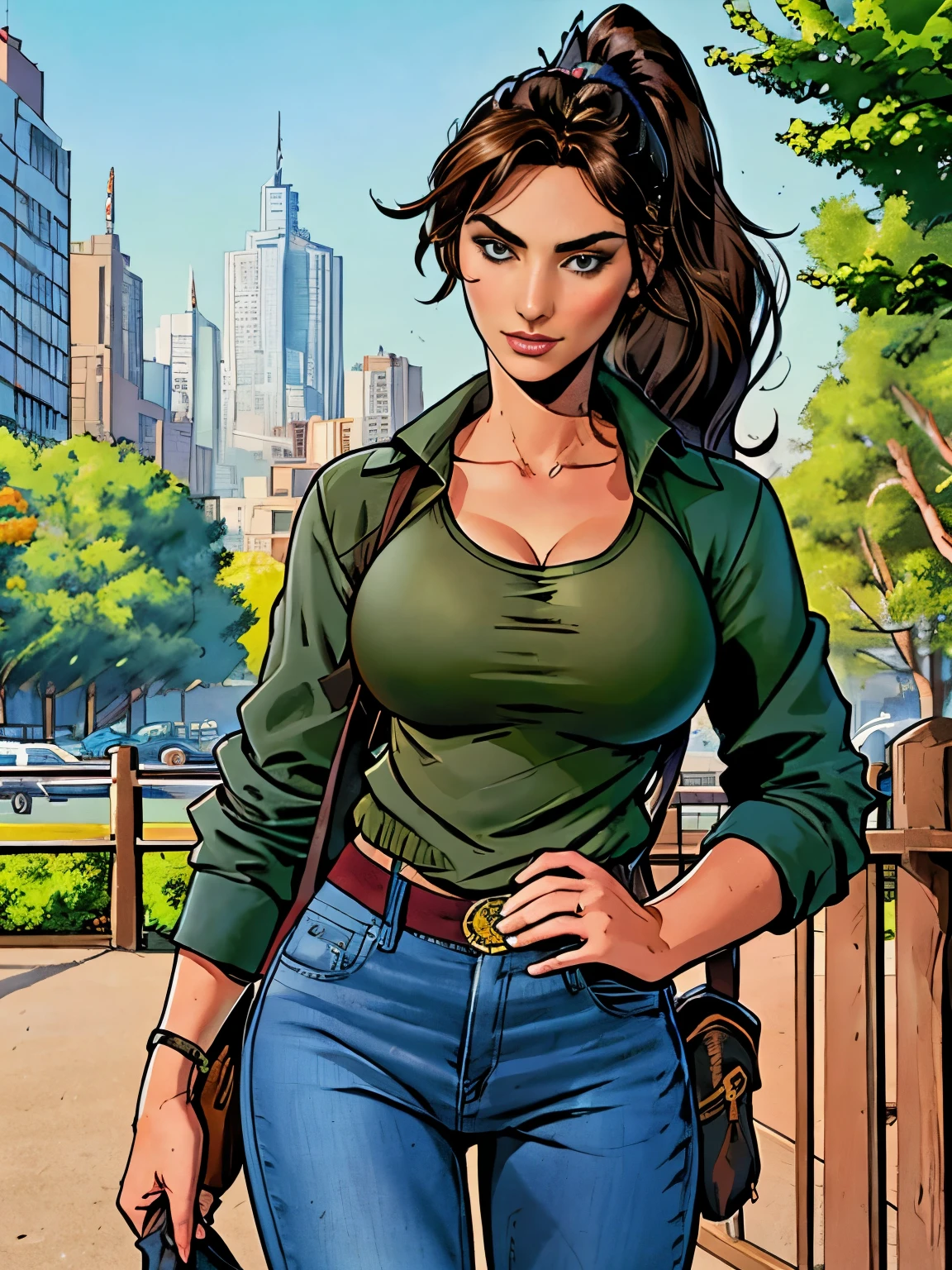 (masterpiece, top quality, best quality, official art, beautiful and aesthetic:1.2), (1girl:1.3), dark brown hair pulled back, elegant updo, extremely detailed, portrait, looking at viewer, facing viewer, solo, (full body:0.6), detailed background, close up, kindly eyes, (warm summer park theme:1.1), busty woman, charlatan, smirk, mysterious, long hair, huge ponytail, slim, thin, athletic, womanly, elastic woman, dark green jacket, tank top, blue jeans, hair bandana, camera bag, brunette, city, heroic, cheerful, city exterior, park, street, daylight, soft lighting, natural lighting, athletic, strong, slim waist, slim hips, long legs, muscular legs, modern (city park exterior:1.1) background, bright mysterious lighting, shadows, magical atmosphere, dutch angle, (Abigail Shapiro)