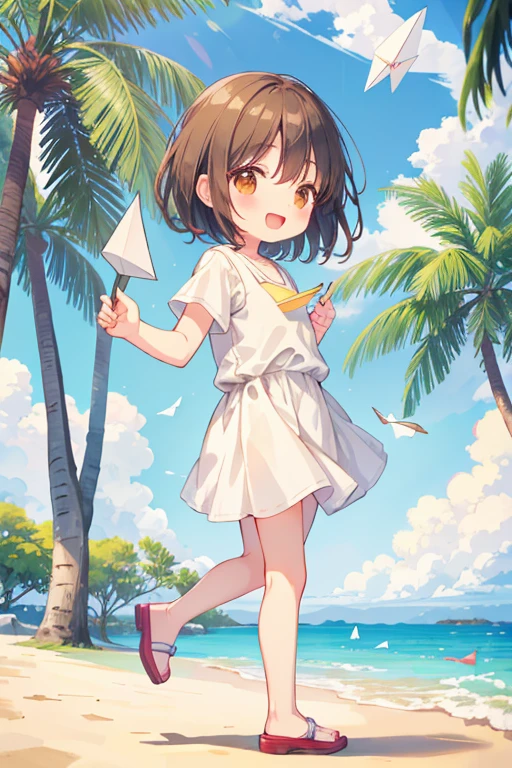 Small outdoor,full body portrait,5 ,((paper airplane)),laugh happily,mini cute toddler、st from the side、Strong bokeh、Shiba Inu、sandy beach