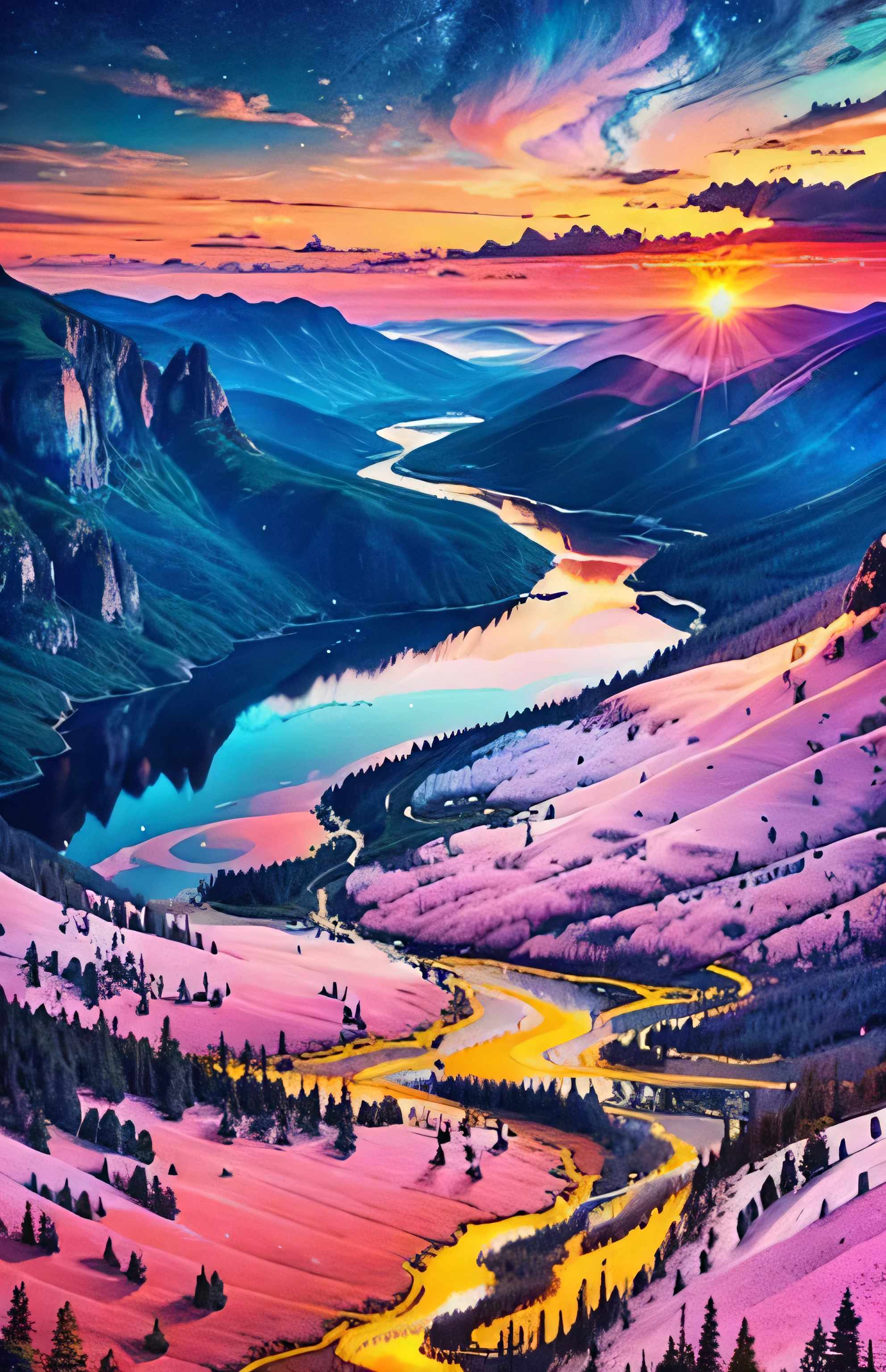 Midsummer、An absolutely mesmerizing backcountry sunset, com uma mistura de laranjas, Pink and yellow covering the sky. This scene is dynamic and breathtakingly beautiful.. Enjoy the pleasant atmosphere、Let tranquility take over you.、star、 、Texas, USA landscape、It's summer、Lens flare、