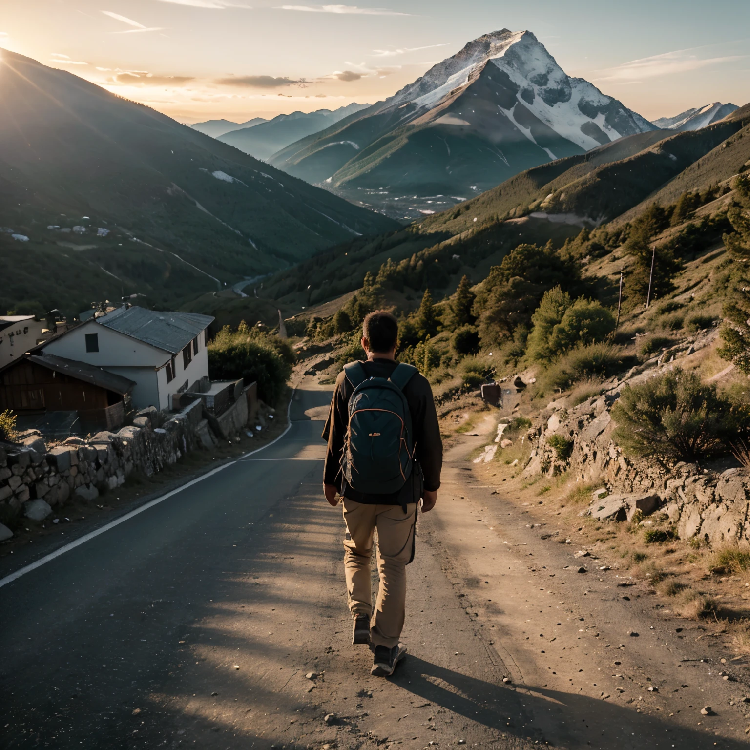 a man walking down a road towards a mountain at sunset, walking away from the camera, walking away from camera, a wanderer on a mountain, man walking, going forward to the sunset,  human walking, time to climb the mountain path, walking away, traveling through the mountains, a man wearing a backpack, the journey of life, walking towards camera
