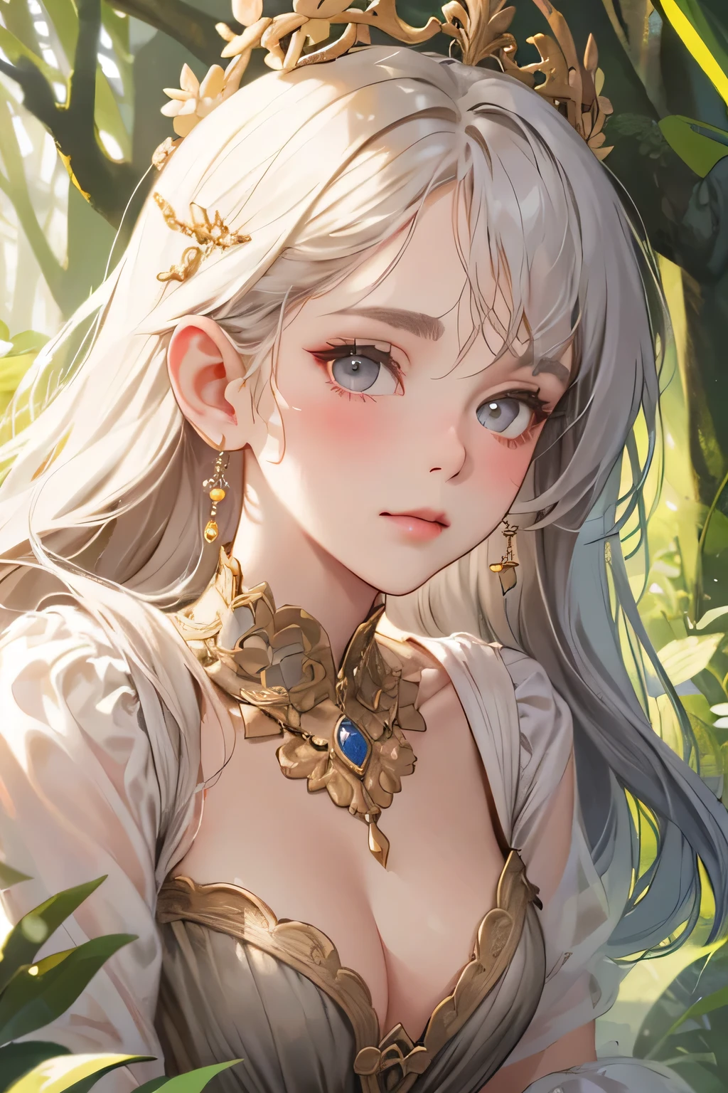 Empress, forest nymph, ethereal forest girl, perfect anatomy, hanging jewels, pretty girl, amazing body, best proportions, victorian queen dress, ancient goddess ((((closeup face)))), looking at viewer, grey eyes, white long hair, blush, closed mouth, with golden dress