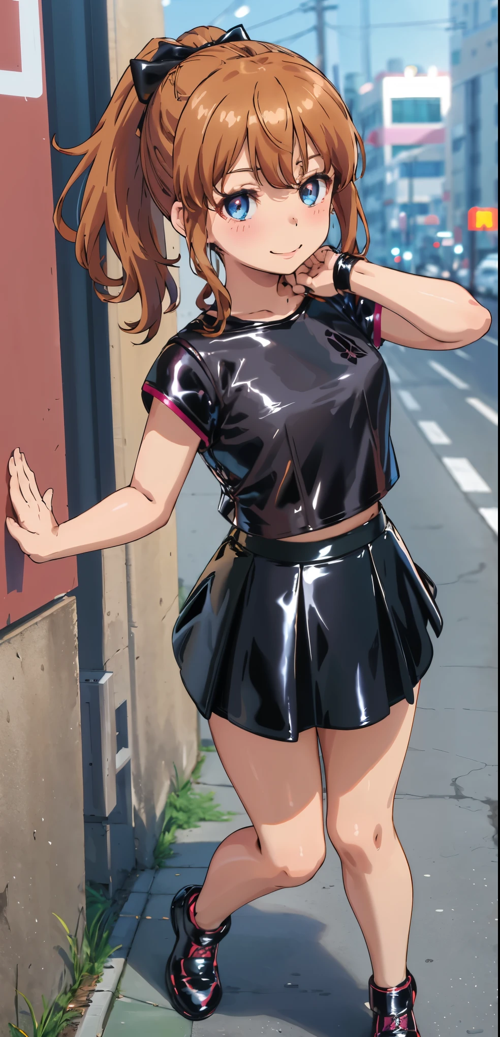 best quality, (masterpiece:1.2), highly detailed, standing, street,
1girl, solo, akatsuki minami,
looking at the viewer, closed mouth, smile, slight blush,
blue eyes, brown hair, ponytail, hair bow, sleeveless, (((dominant girl, latex skirt, latex shirt )))