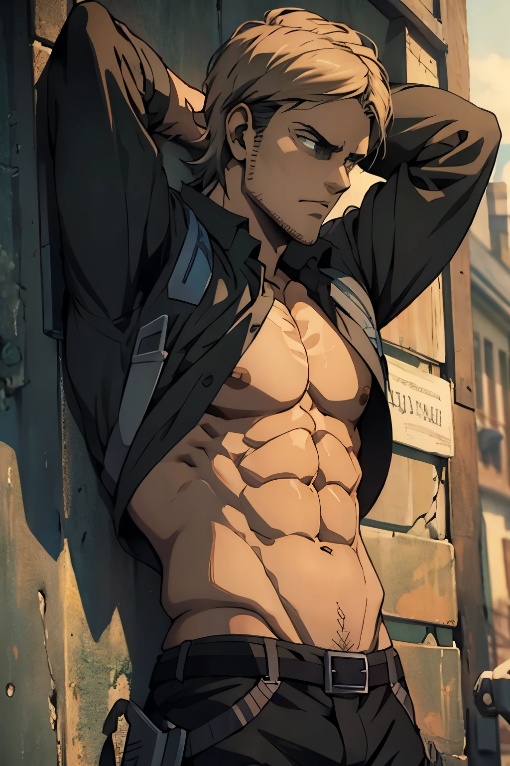 Masterpiece, best quality, Masterpiece, best quality, 1 man , teenager , red eyes , brown hair , naked , sly face , smile , tattoo , abdomen , Long legs , Barefoot , hands on hips , abandoned factory , at night