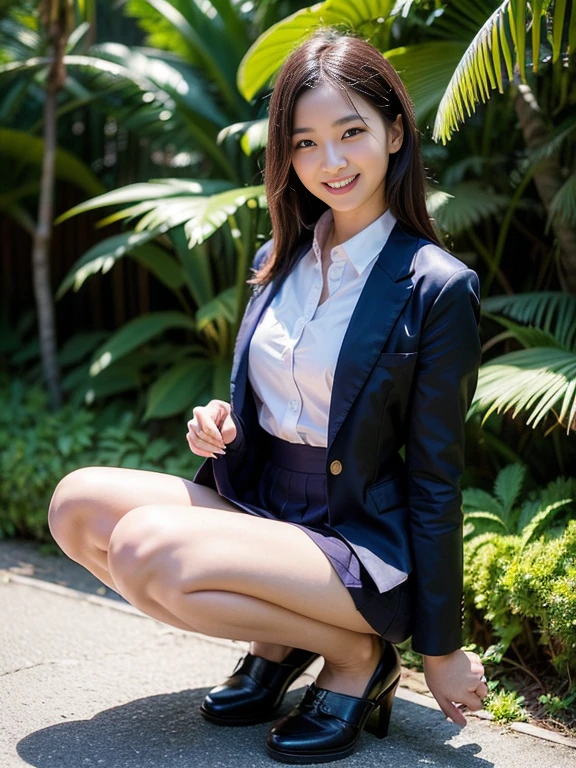 (Only one person), Pure Japanese young girl, outstanding body, beautiful legs, wearing formal suits, panty, high heels, vivid makeup and lips, thick eyebrows, formal black hair styles, sweet smile, secret temptation, professional portrait photography, sitting spread wide legs, soft sunlight, 