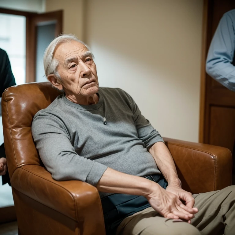 The elderly gentleman, with wrinkled skin and weary eyes, sat slouched in his chair at the crowded social gathering, his interest waning as he glanced around the room with a blank expression. The once vibrant colors of the room seemed to have lost their luster in his disinterested gaze. His posture slumped, and his body language conveyed a sense of disengagement. He crossed his arms and placed his foot on his knee, the farthest thing from engaging with the lively conversations around him. Despite being surrounded by people, he appeared more isolated than ever, a prisoner of his own decreased interest in social situations.