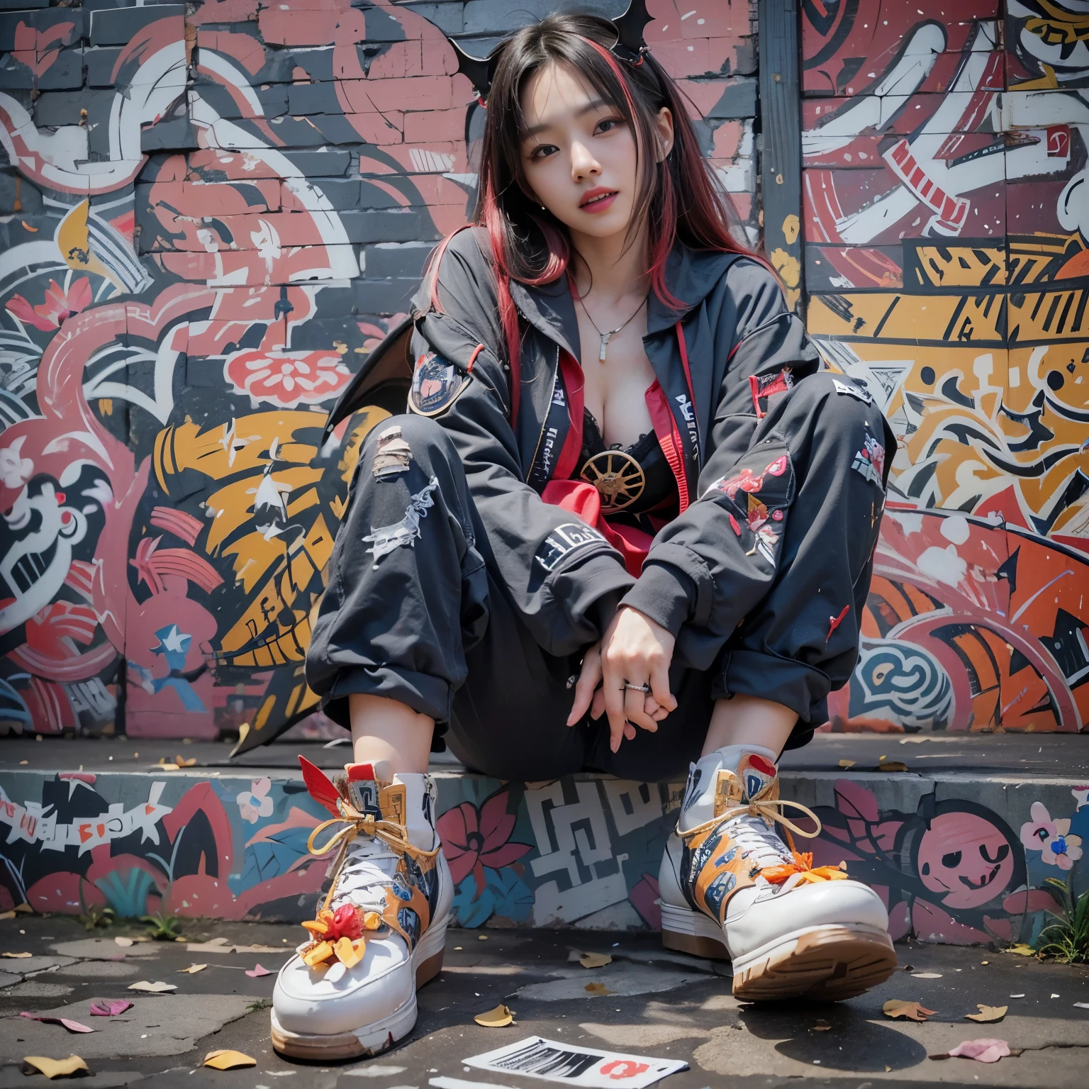 masterpiece、highest quality、8k、Extremely realistic photos、cool、Sharp Eye、Slit eyes、tooth、Double teeth、Open your mouth、smile、Vampire、Japanese women、Very beautiful face、Sailor suit、student、Dark Skin、Gray Hair、short hair、gloss々Texture、Large bat wings、Extremely intricate details、Professional Lighting、Sexy pose