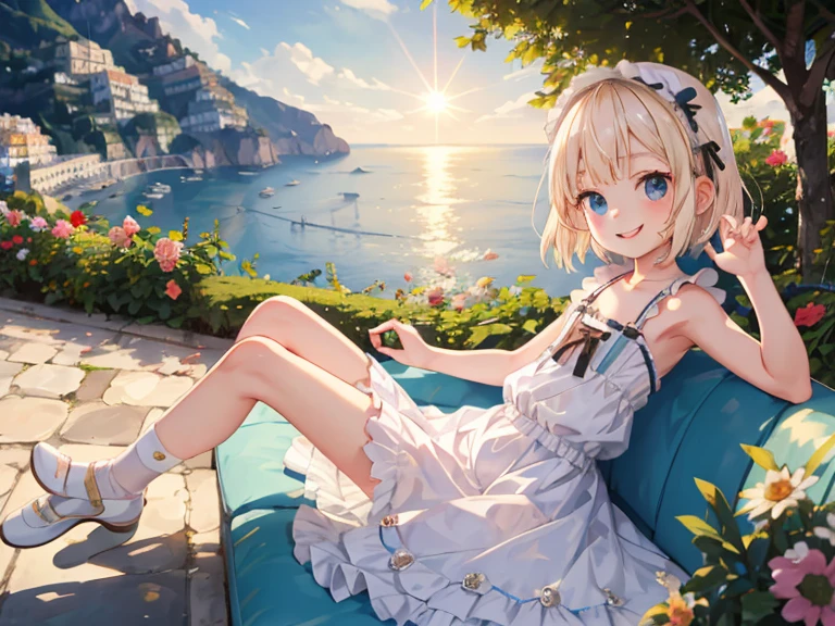 Best Quality, ultra-detailliert, Lolita Fashion, 1 young girl（8ars old）,a beauty girl，A smile， Arm in arm, platinum-blonde-hair, At Moai Island，flat chest，Perfect limbs，The morning sun shines