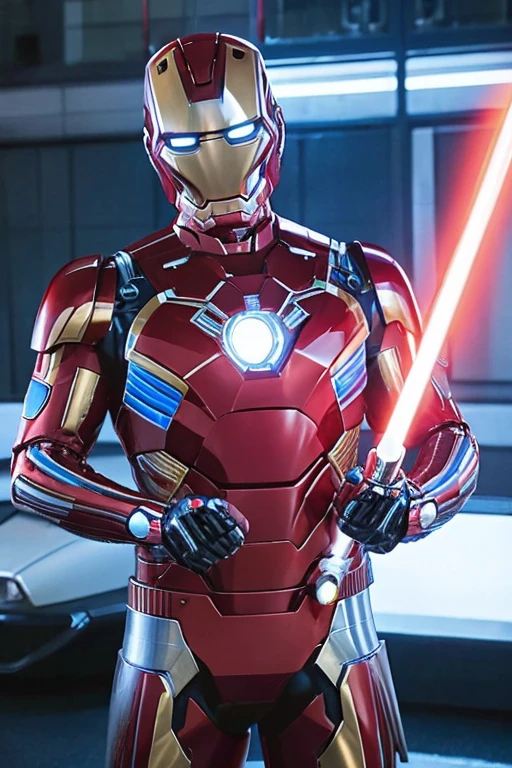 A man wearing a Robocop or Iron Man-like bodysuit and helmet is fighting aliens in a city at night.、Image of a person holding a lightsaber-like weapon