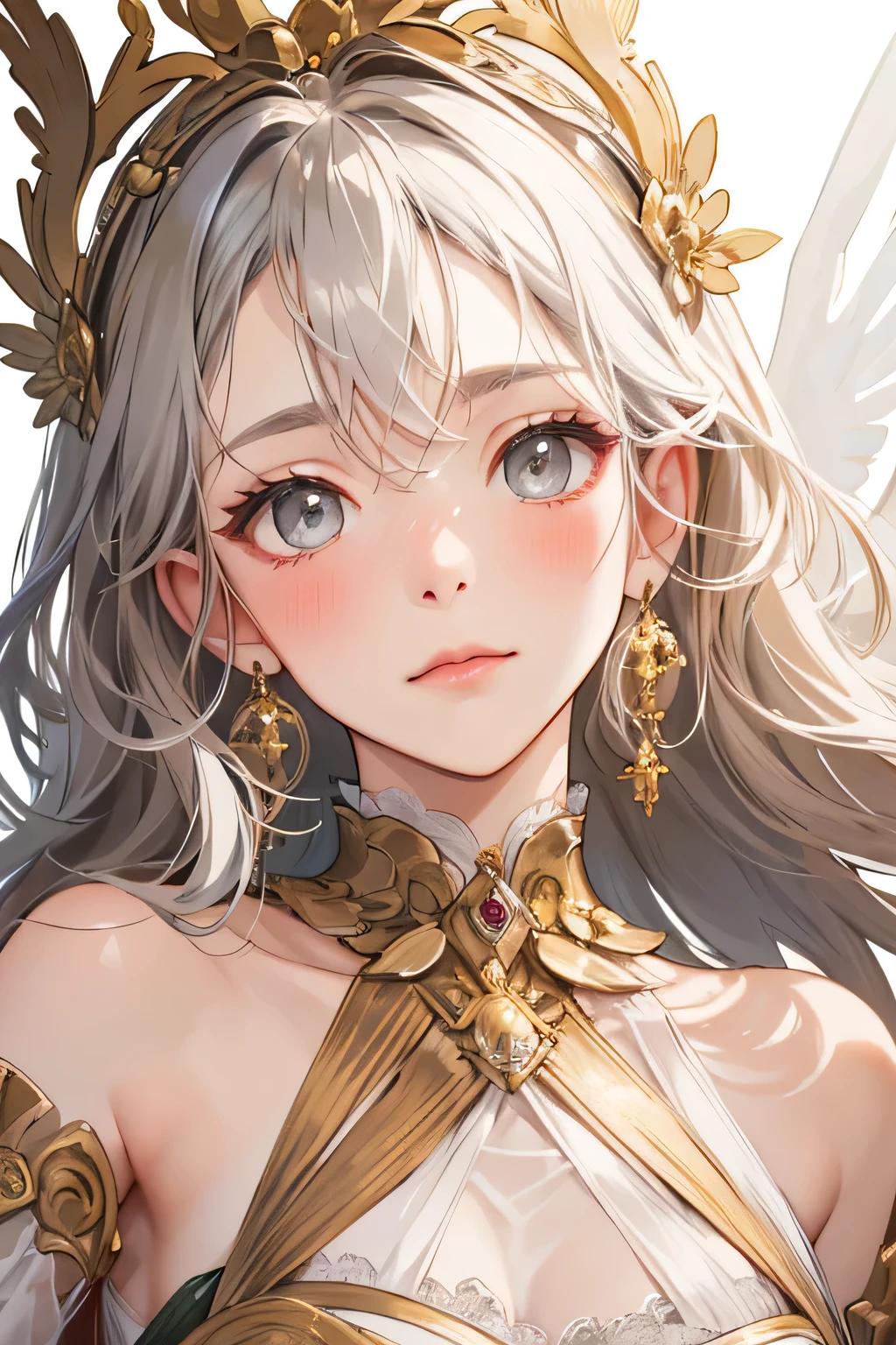 Empress, forest nymph, ethereal forest girl, perfect anatomy, hanging jewels, pretty girl, amazing body, best proportions, yunani romawi golden queen dress, ancient goddess ((((closeup face)))), looking at viewer, grey eyes, white long hair, blush, closed mouth, with golden dress