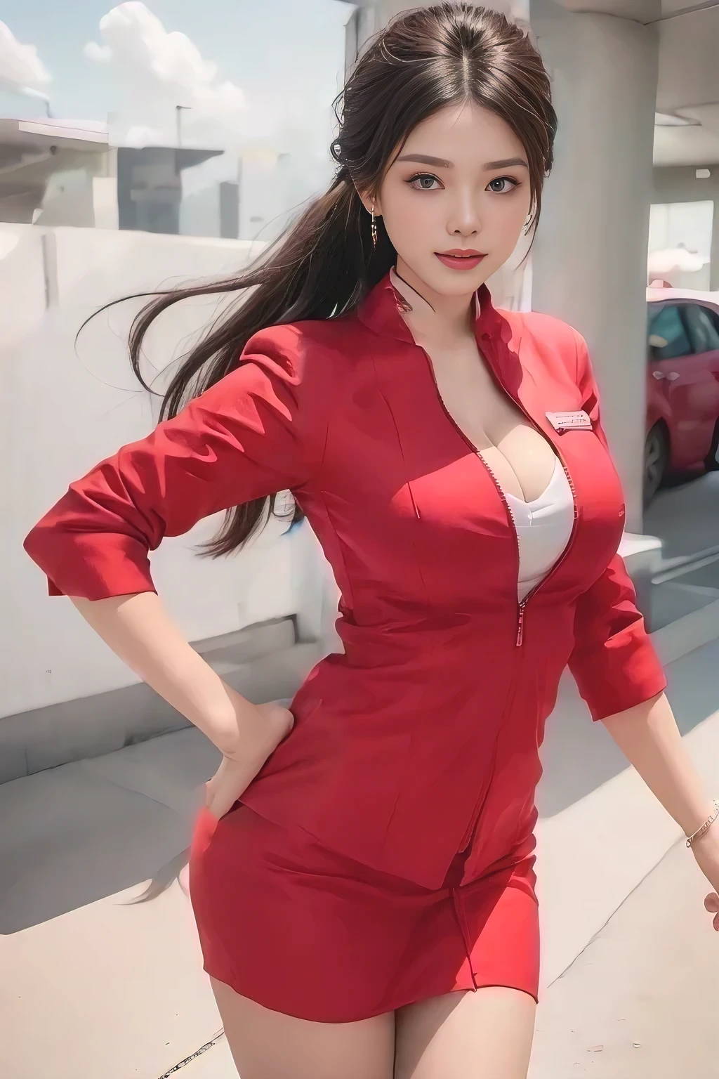 AirAsia red jacket uniform、Dark brown hair、Hair tied up、Tie your hair back in a ponytail、Luxury earrings、Captivating look、Blue Eyes、Young Asian Woman、