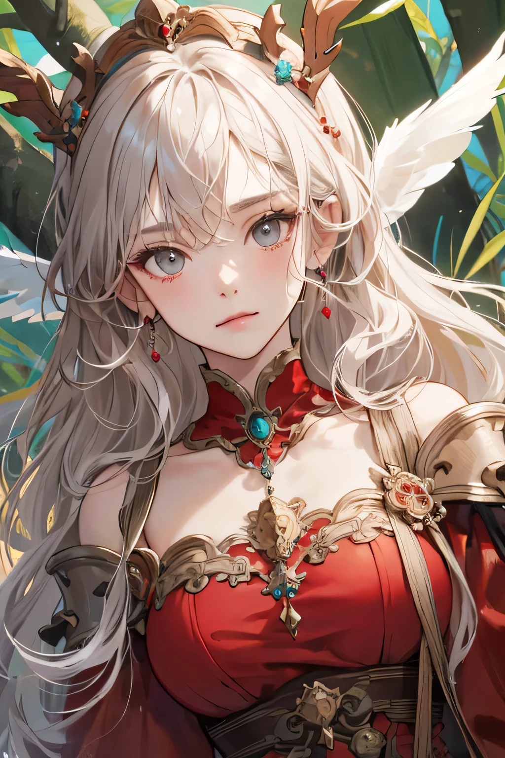 Empress, forest nymph, ethereal forest girl, perfect anatomy, hanging jewels, pretty girl, amazing body, best proportions, yunani red dress, ancient goddess ((((closeup face)))), looking at viewer, white long curl hair, grey eyes, closed mouth